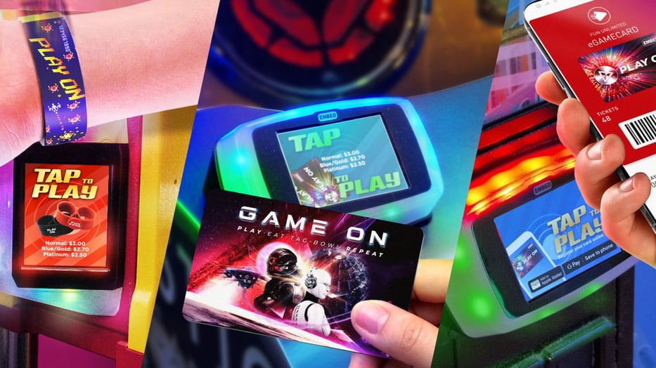 A collage showing various cashless arcade payment methods Embed provides including a wristband, an arcade card and a smartphone mobile wallet.