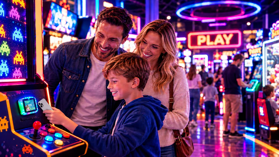 A family enjoying an arcade game together at a family entertainment center using a mobile wallet payment method.