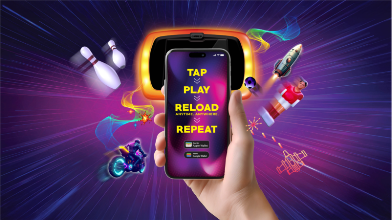 A hand holding a smartphone displaying a "Tap Play Reload Repeat" mobile wallet interface surrounded by family entertainment component graphics.